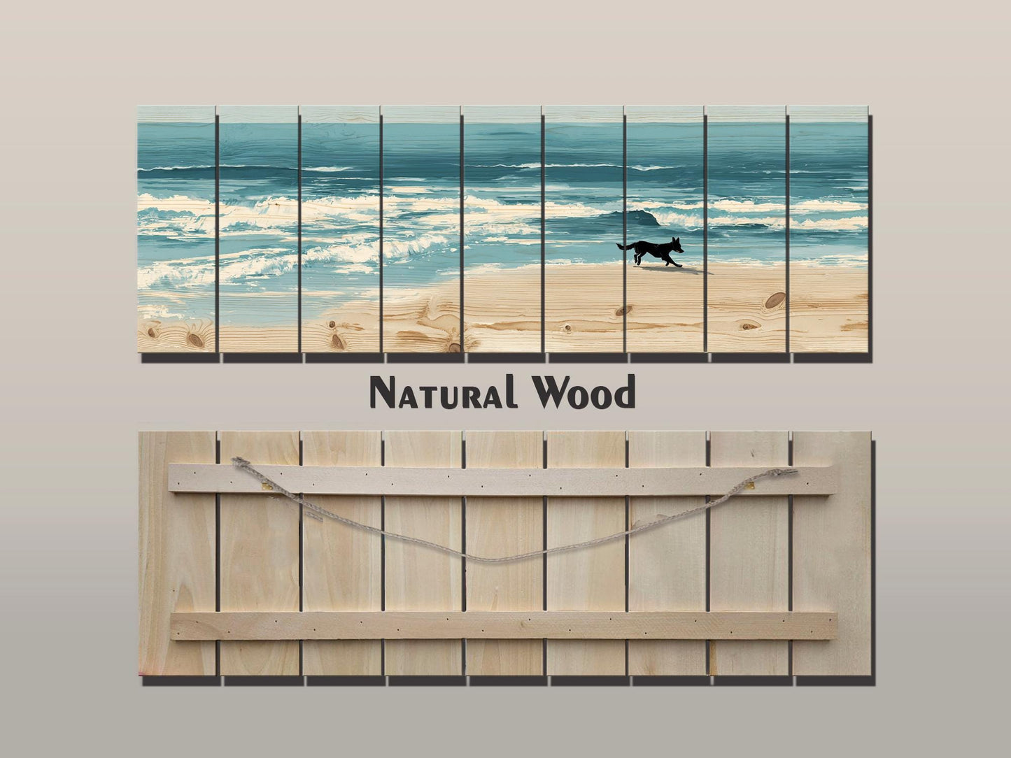 Coastal Wall Art – Dog Running on Beach Wood Print | Rustic Natural Decor
