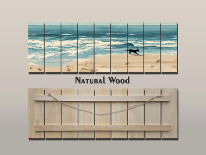 Coastal Wall Art – Dog Running on Beach Wood Print | Rustic Natural Decor
