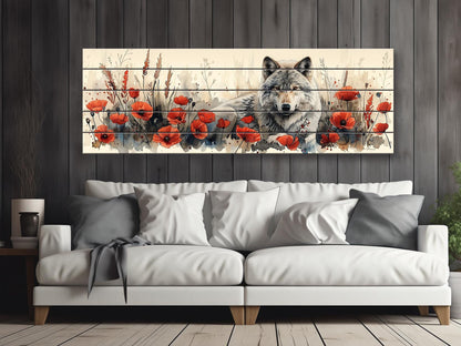 Wolf Wood Wall Art – Rustic Wood Print with Red Poppies and Wildlife Decor