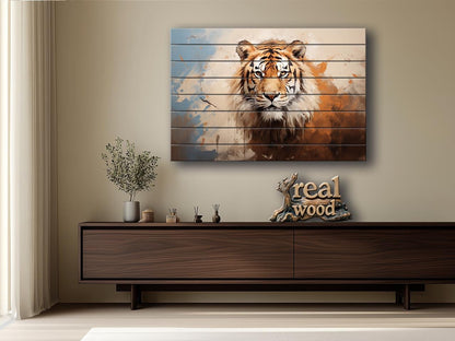 Tiger Wood Wall Art – Natural Wood Print | Abstract Tiger Print Wooden Decor