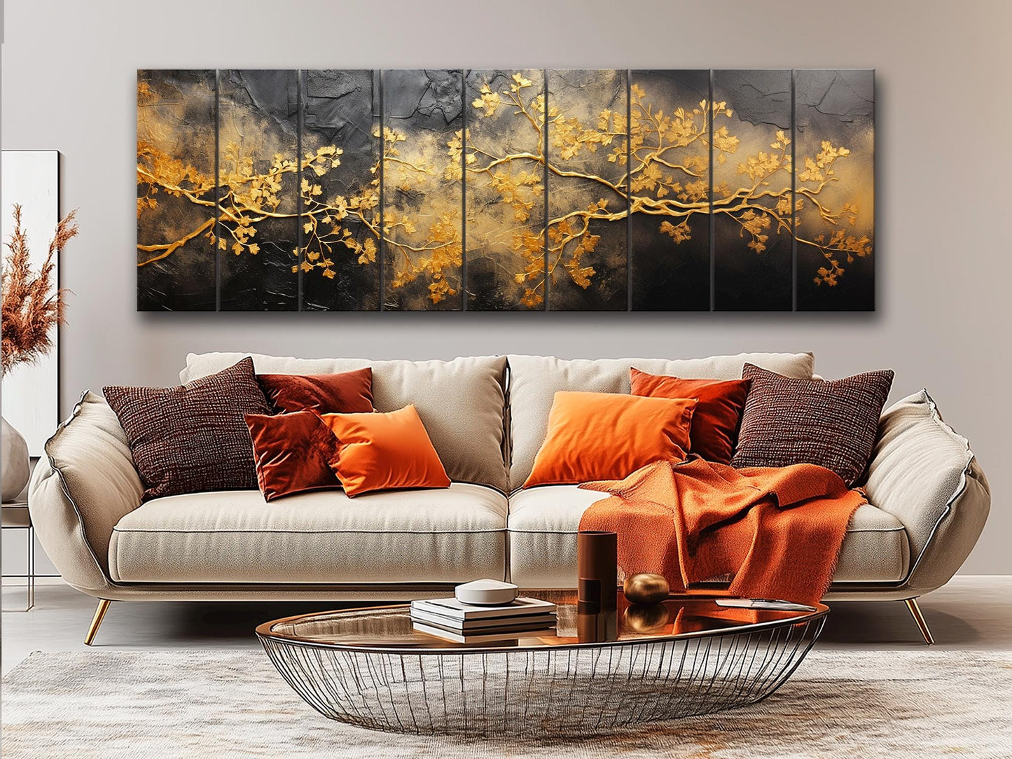 Wooden Wall Art – Gold Tree Branches Print on Natural Wood | Abstract Black & Gold Decor