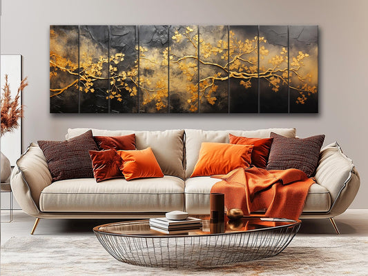 Wooden Wall Art – Gold Tree Branches Print on Natural Wood | Abstract Black & Gold Decor