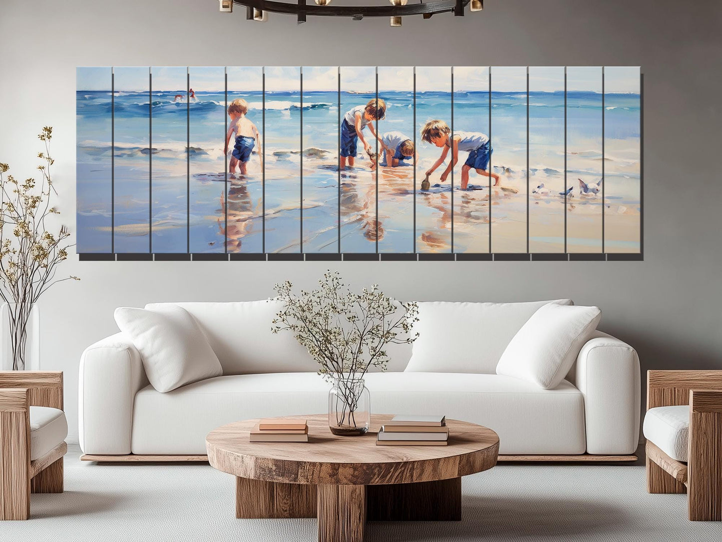 Wood Wall Art – Large Beach Wall Decor with Kids Playing on the Beach Print