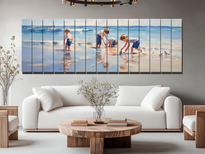 Wood Wall Art – Large Beach Wall Decor with Kids Playing on the Beach Print