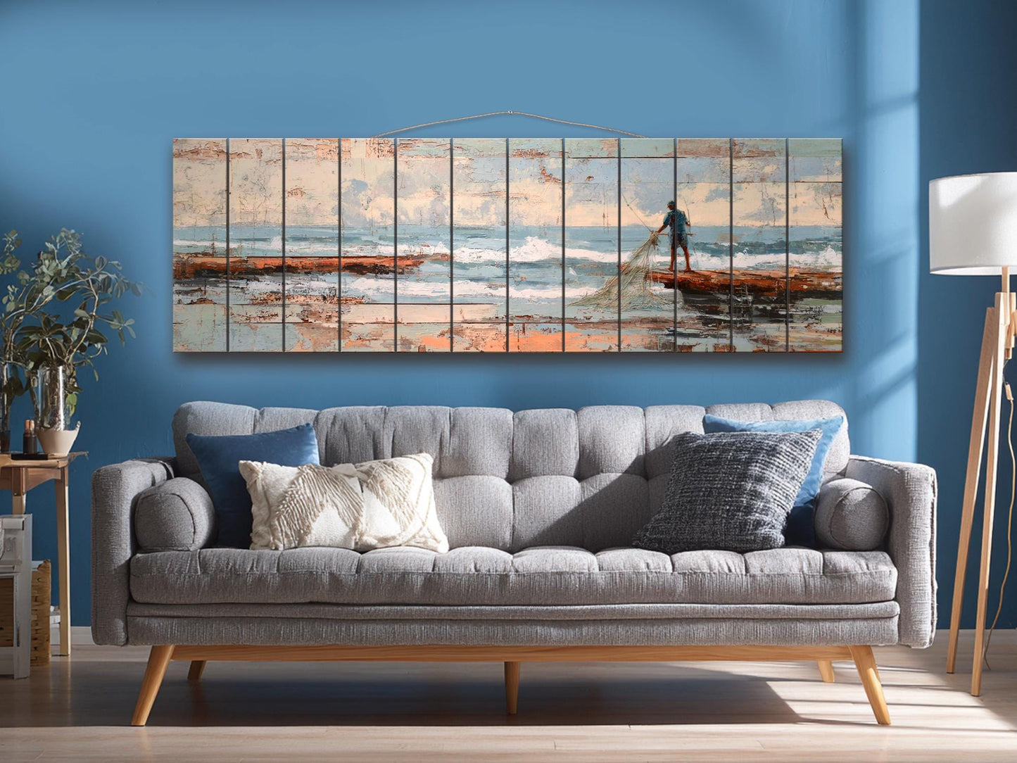 Fisherman Print Wood - Rustic Coastal Wall Art With Sea Nets & Calm Sky Painting