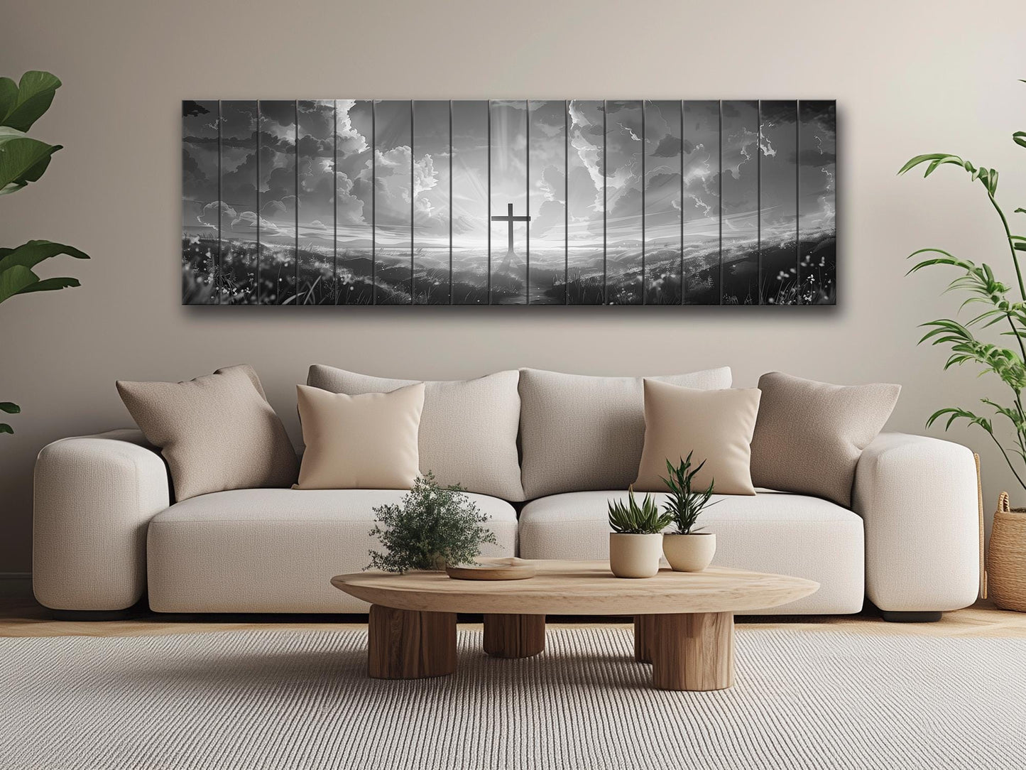 Cross Wall Art – Wood Wall Art Printed on Natural Wood with Black and White Cross in Flowers
