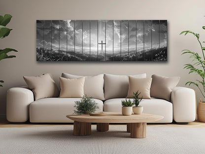 Cross Wall Art – Wood Wall Art Printed on Natural Wood with Black and White Cross in Flowers