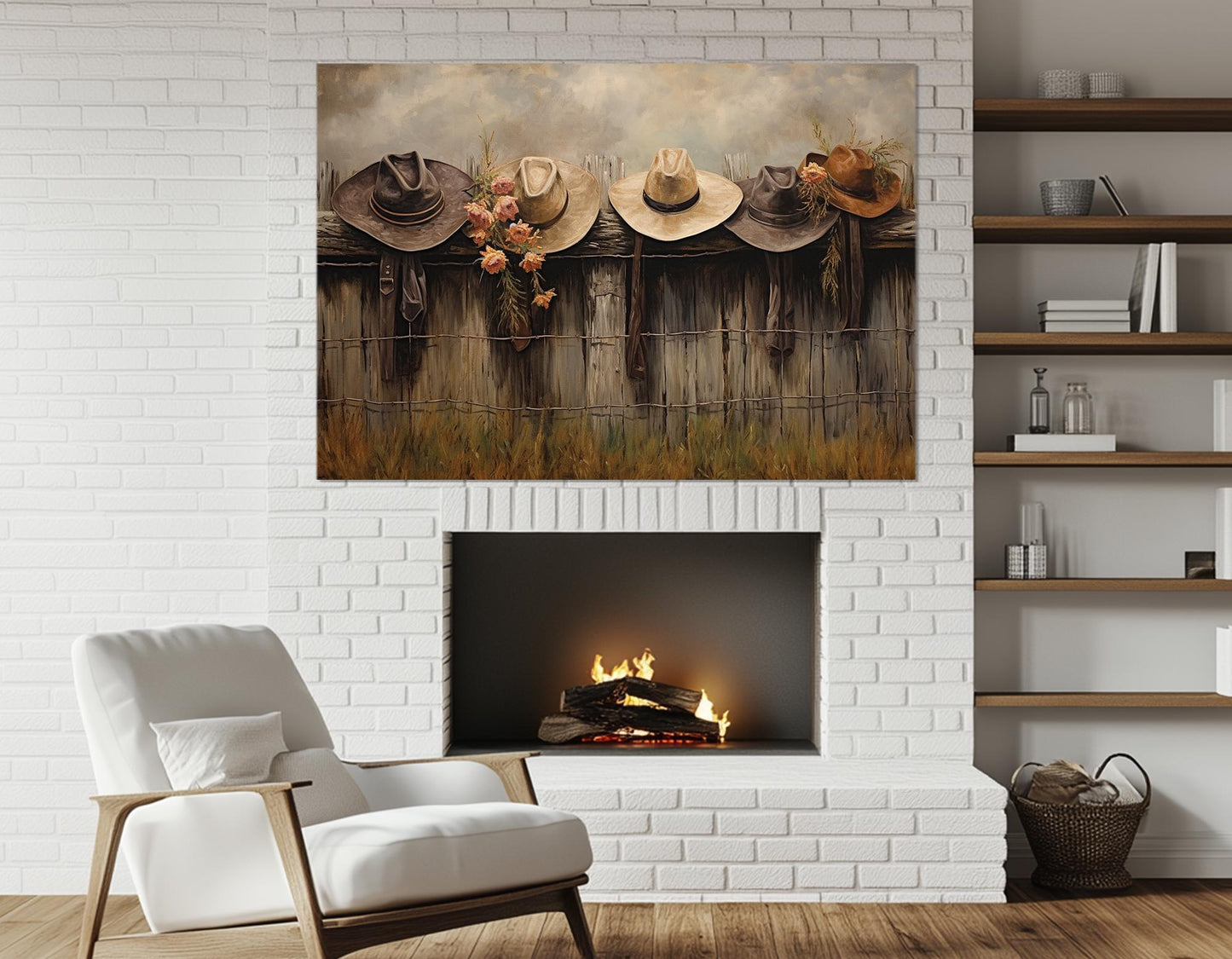 Rustic Fence Canvas Print – Farmhouse Wall Decor With Hanging Hats Artwork, Ready to Hang