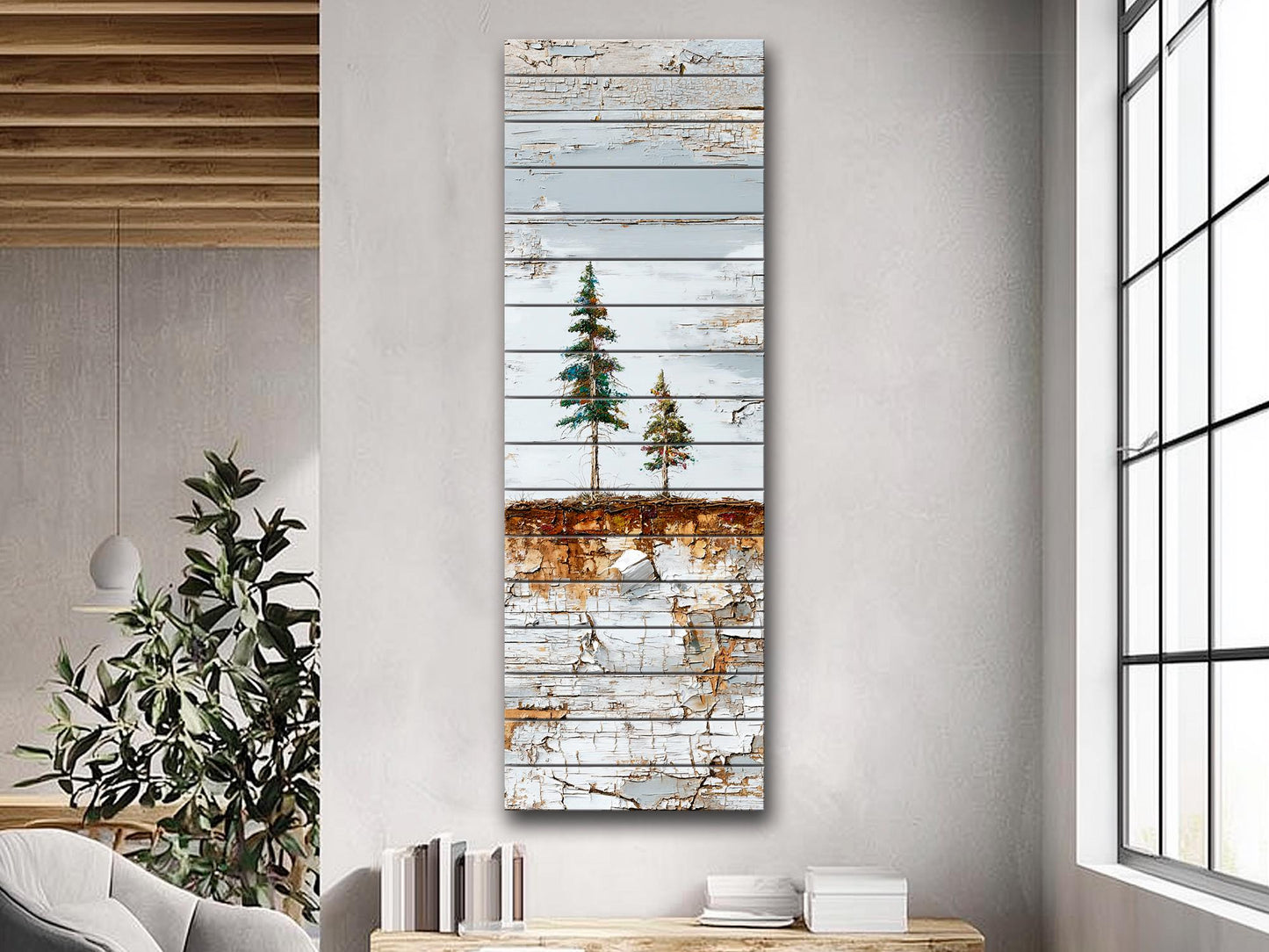 Wabi Sabi Wall Art – Rustic Wood Decor with Pine Tree Painting on Natural Wood Grain