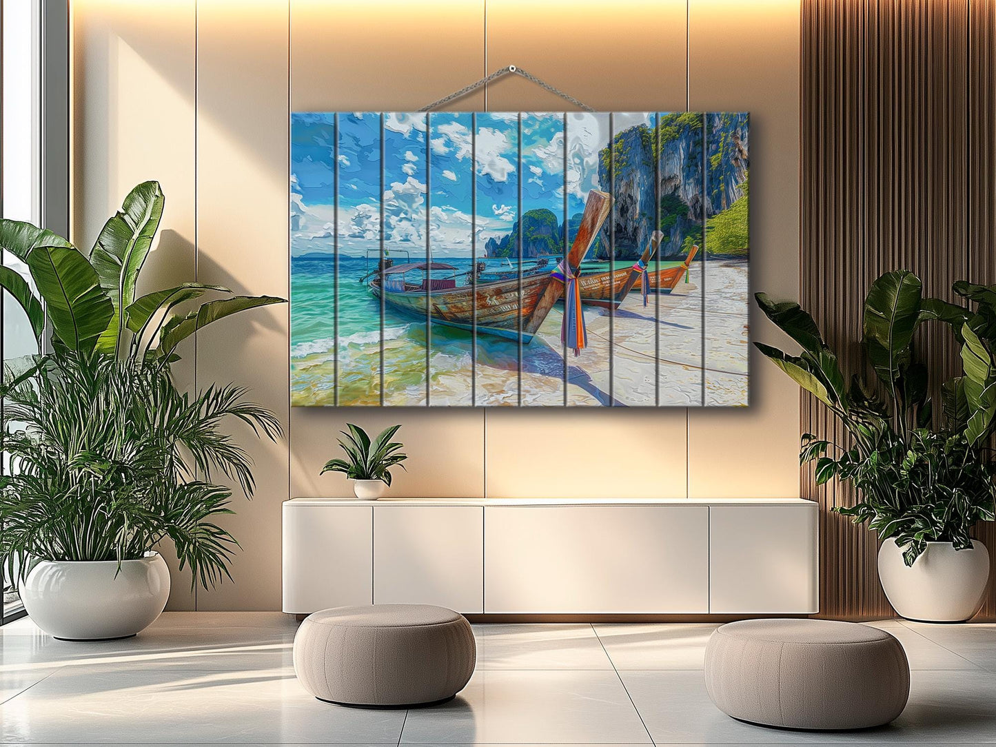 Wood Wall Art - Boats on Beach Print | Tropical Wall Decor with Unique Wood Grain