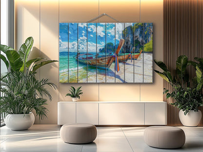 Wood Wall Art - Boats on Beach Print | Tropical Wall Decor with Unique Wood Grain