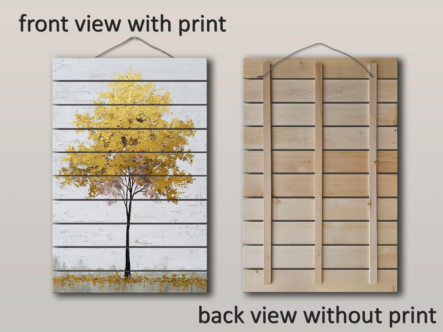 Golden Tree Wall Art – Elegant Rustic Wood Print With Gold Leaf Tree Design