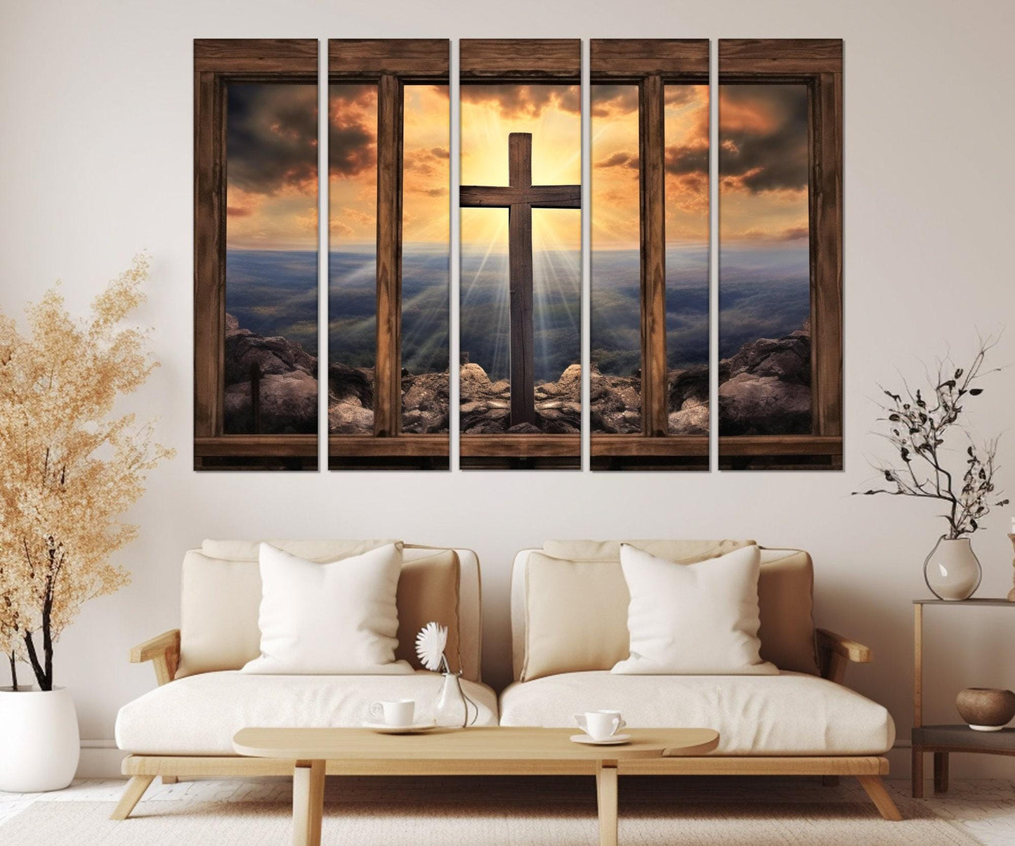 Christian Wall Art – Window with Cross and Mountain View | Framed Canvas Print