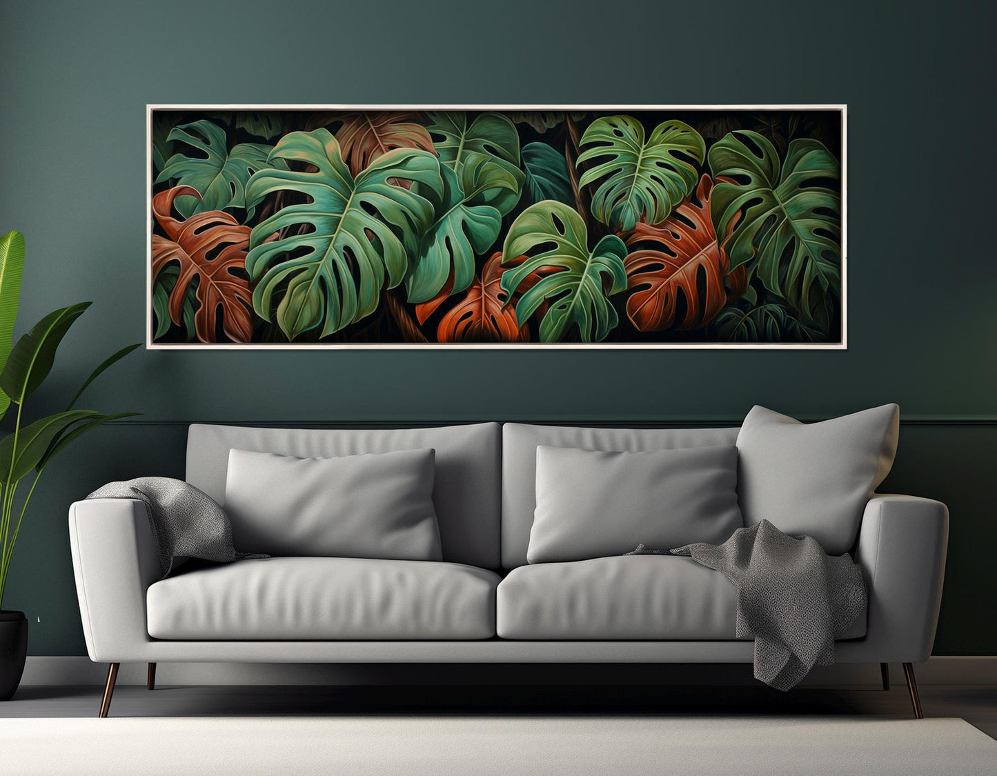 Philodendron Leaves Canvas – Framed Canvas Wall Decor with Rustic Wildflowers Print on Cotton