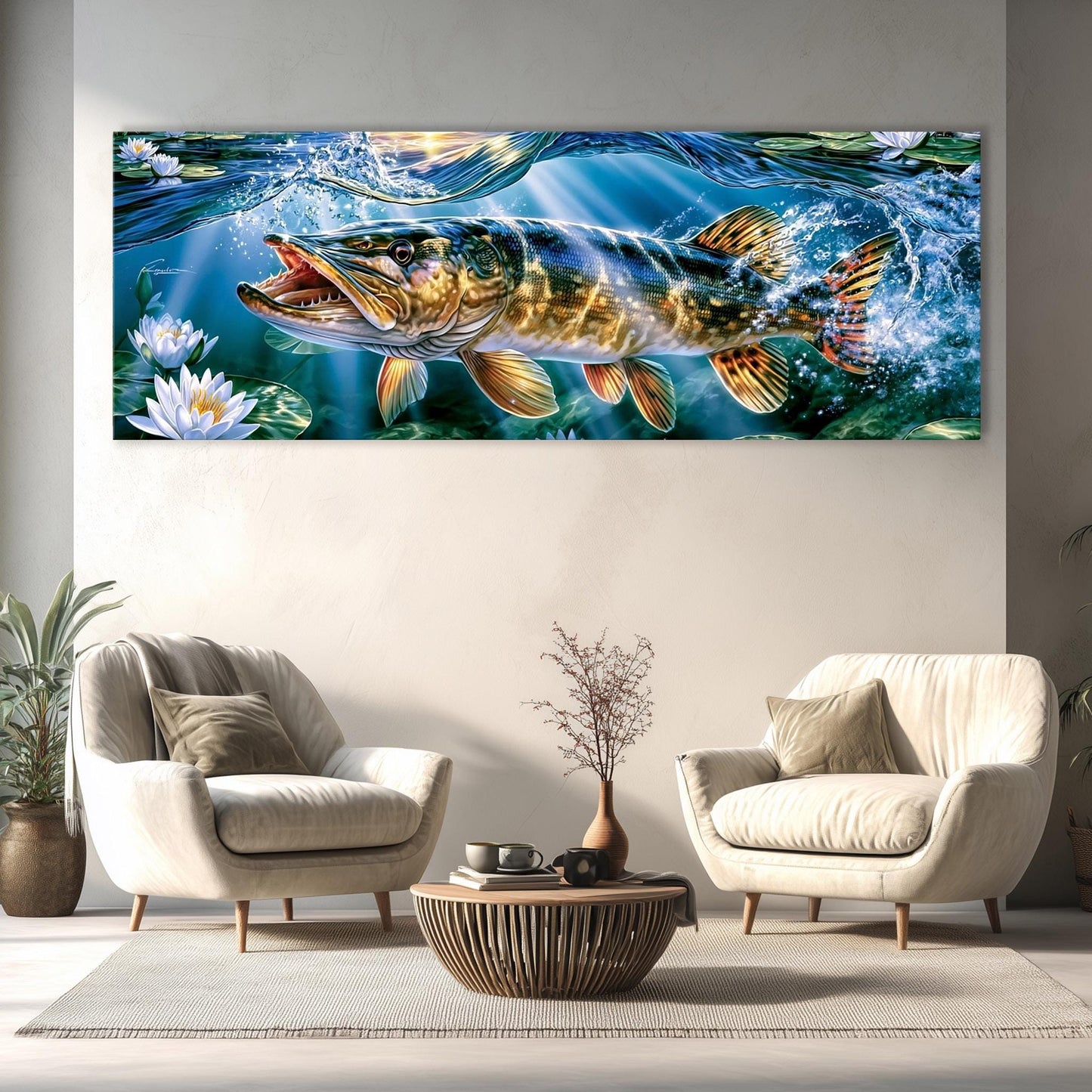 a large painting of a fish swimming in water, with a serene and tranquil atmosphere. The painting is displayed on a wall above a living room setting with two white chairs and a coffee table.