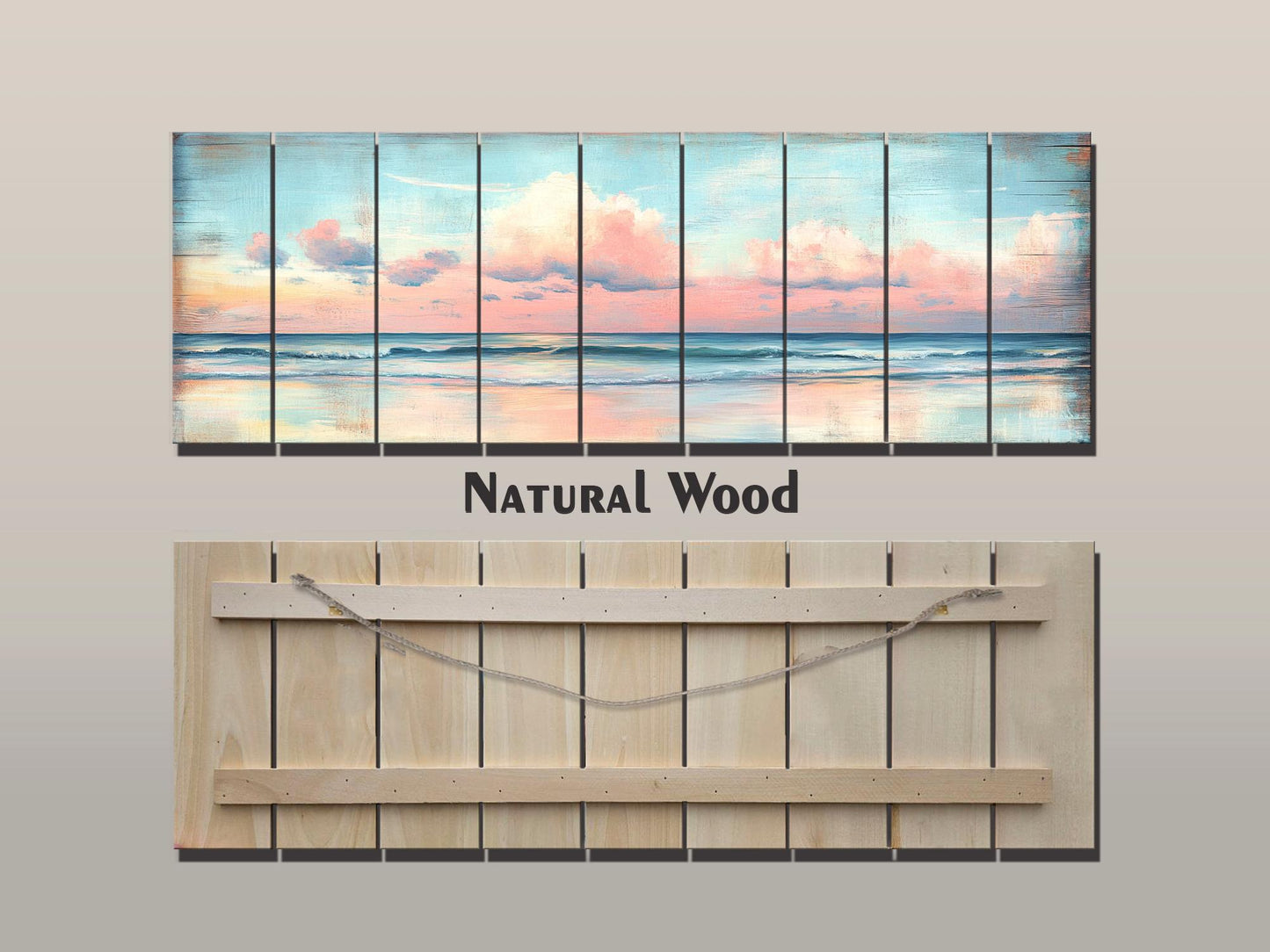 Wood Wall Art – Dreamy Pastel Skyline with Cotton Candy Clouds over Ocean Print on Natural Wood, Rustic Sea Beach Painting, Soft Tones Art