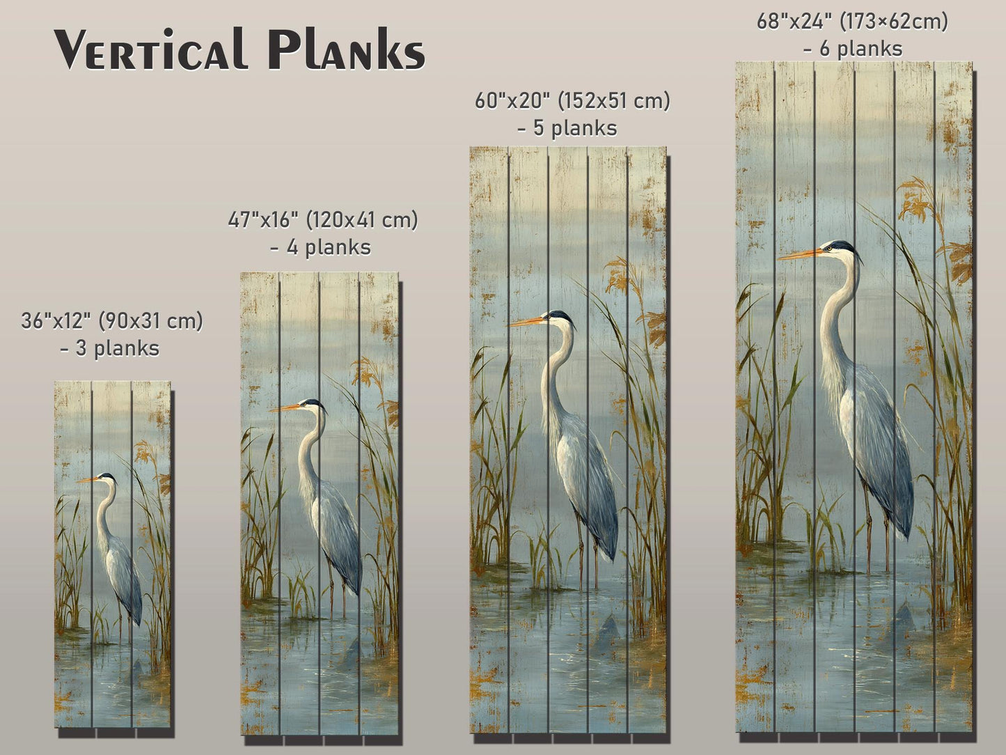 Wood Wall Art – Graceful Heron Print on Natural Wood Planks | Rustic Cabin Decor