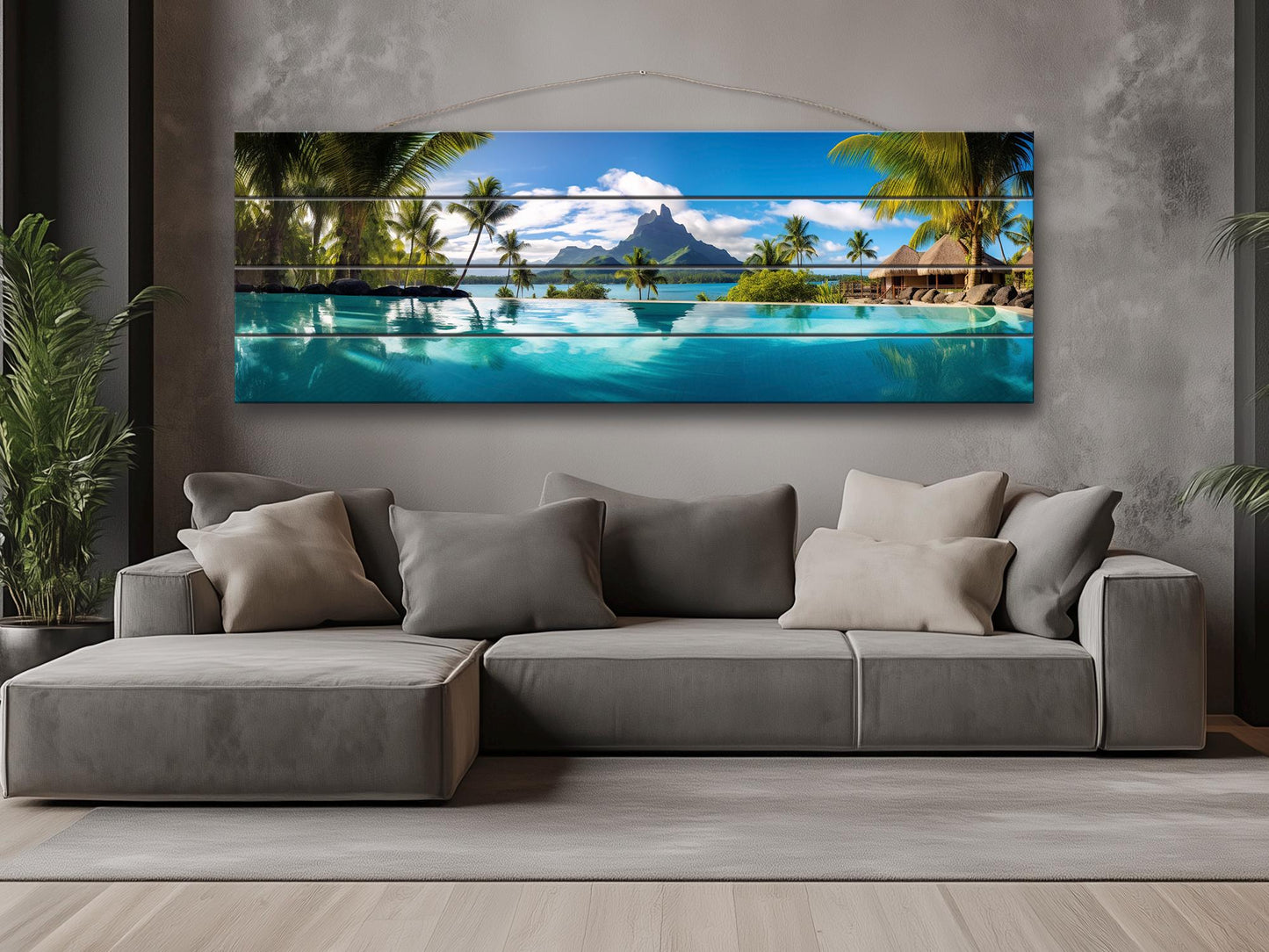 Tropical Wood Wall Art | Bora Bora Painting on UV Printed Natural Wood Plank Art