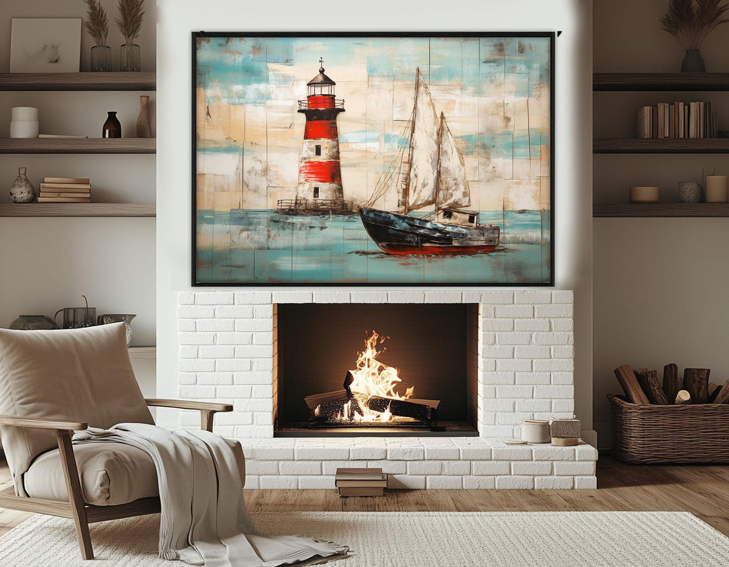 Nautical Wall Art - Rustic Lighthouse Canvas Print With Sailboat Painting, Framed & Ready To Hang