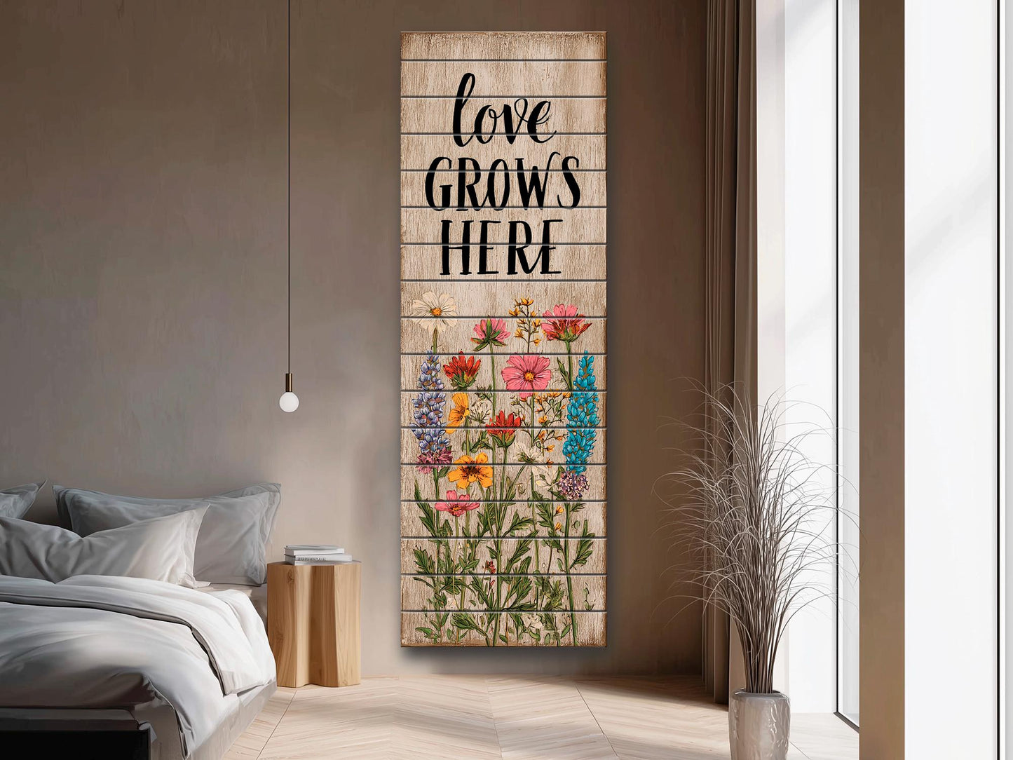 Rustic Wood Wall Art – Love Grows Here Sign With Wildflower Farmhouse Decor