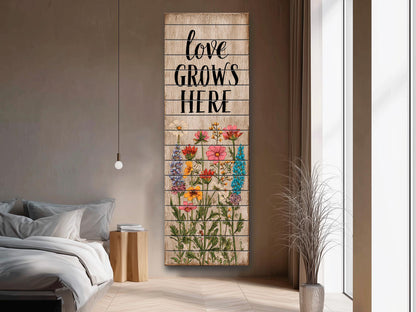 Rustic Wood Wall Art – Love Grows Here Sign With Wildflower Farmhouse Decor