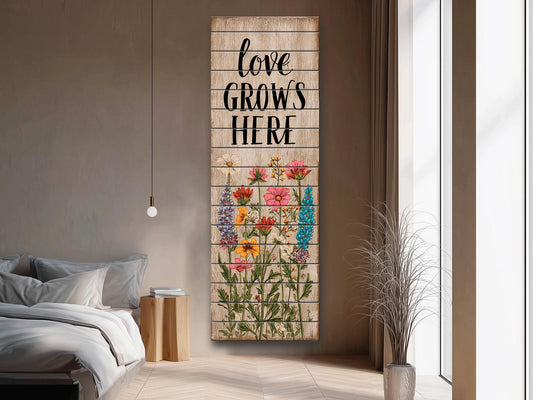 Rustic Wood Wall Art – Love Grows Here Sign With Wildflower Farmhouse Decor