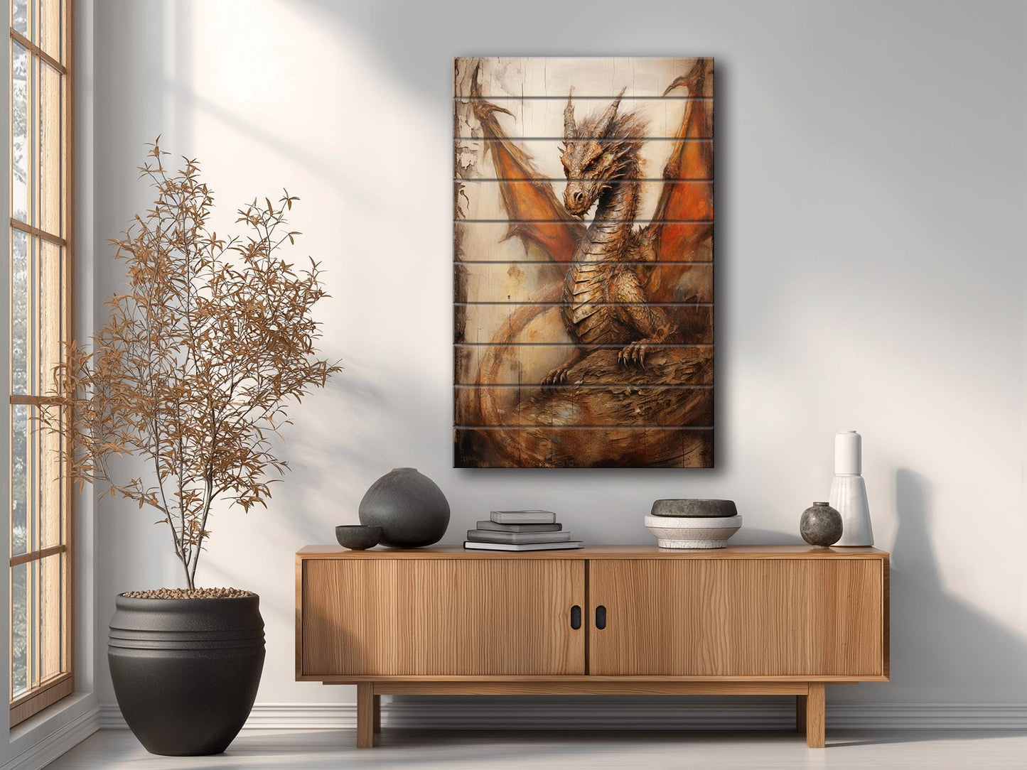 Rustic Dragon Painting – Handmade Wood Wall Art | UV Printed Natural Panel