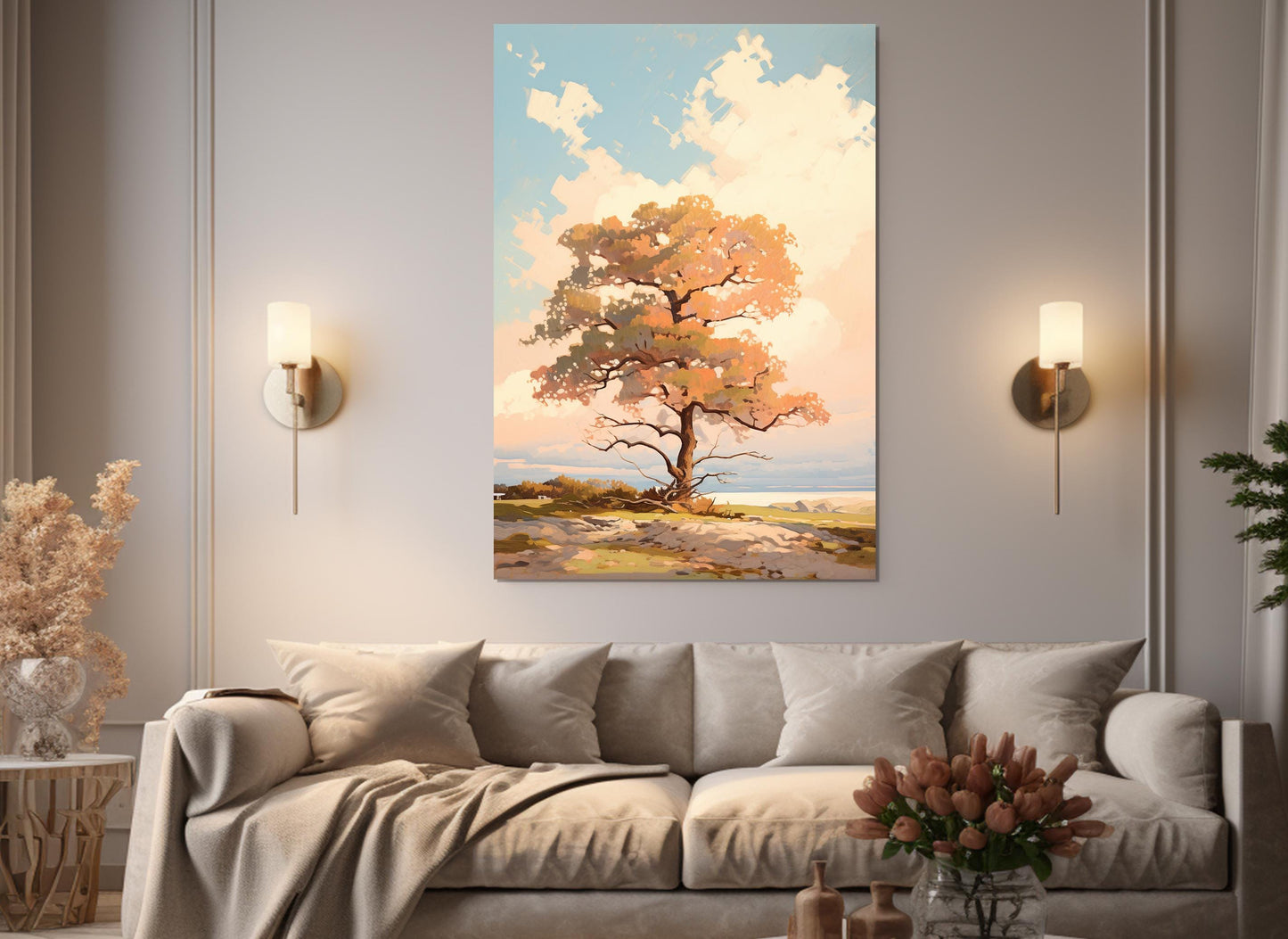 Oak Tree Canvas Art – Abstract Nature Print | Scenic Sunset Painting, Framed Canvas