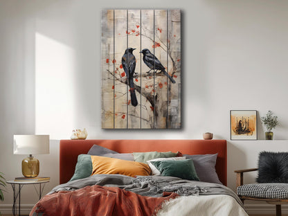Vintage Crow Art Print – Rustic Wildlife Wall Art On Natural Wood Planks