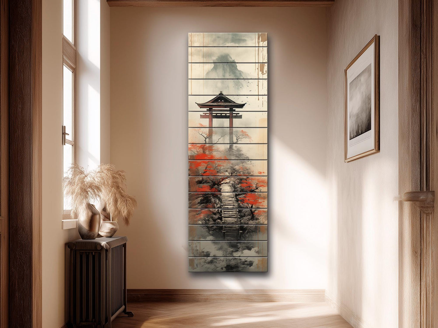 Japanese Torii Gate Wall Art – Misty Mountain Zen Landscape Decor on Wood Panel