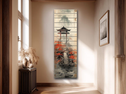 Japanese Torii Gate Wall Art – Misty Mountain Zen Landscape Decor on Wood Panel