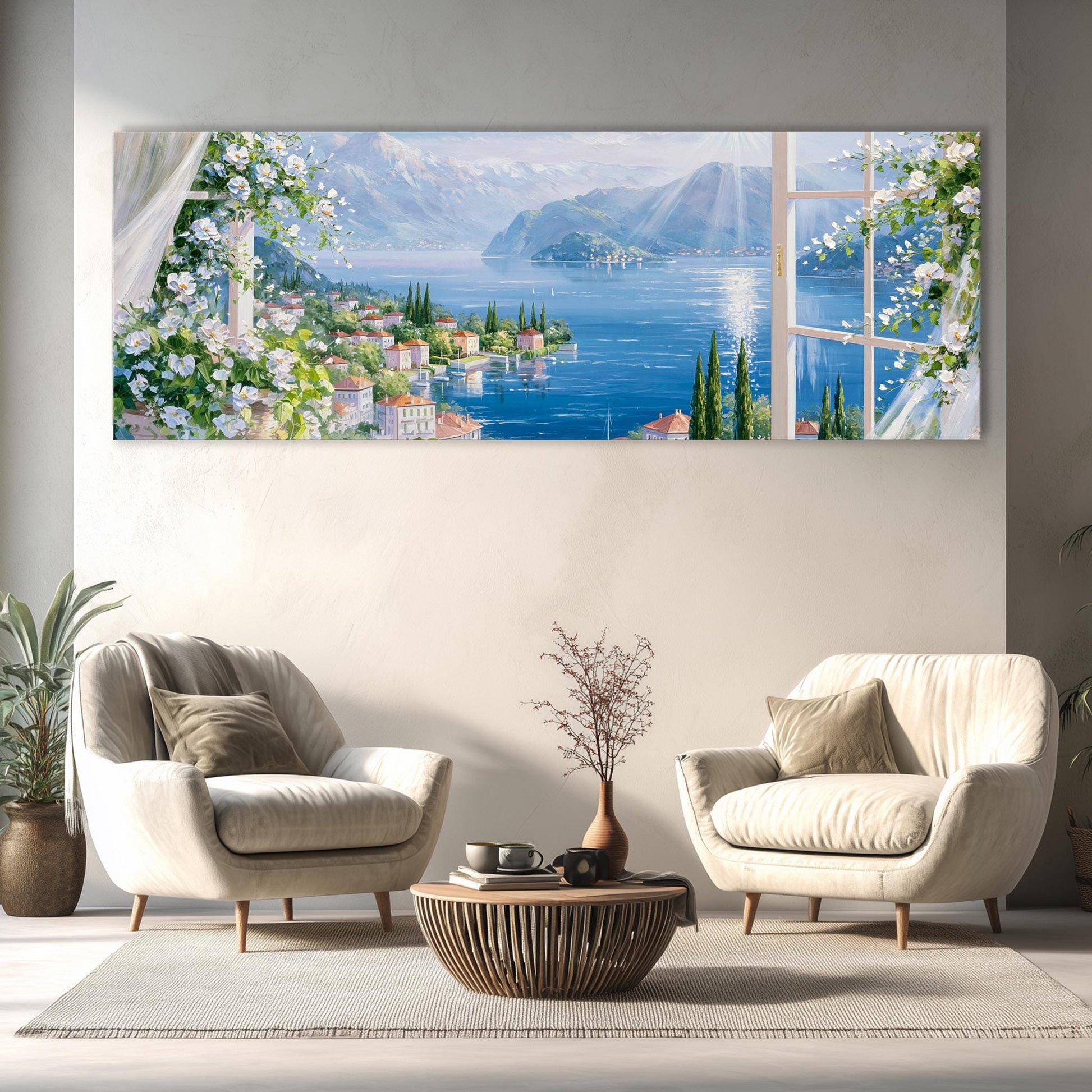 a large, colorful painting of a scenic view of a town and lake, hanging on a wall in a living room setting.