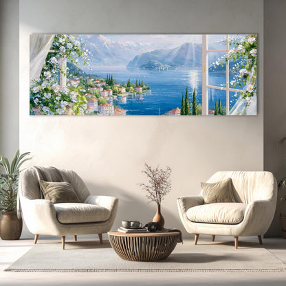 a large, colorful painting of a scenic view of a town and lake, hanging on a wall in a living room setting.