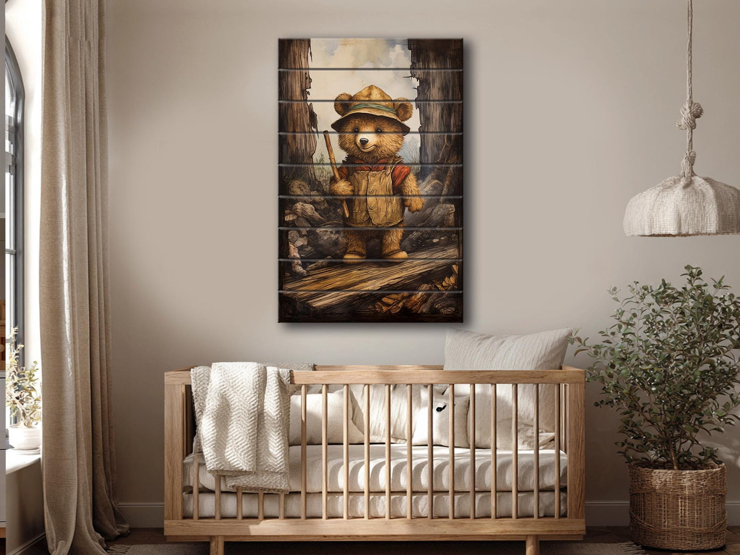 Rustic Hiking Bear Print on Natural Wood – Nursery Animal Wall Art