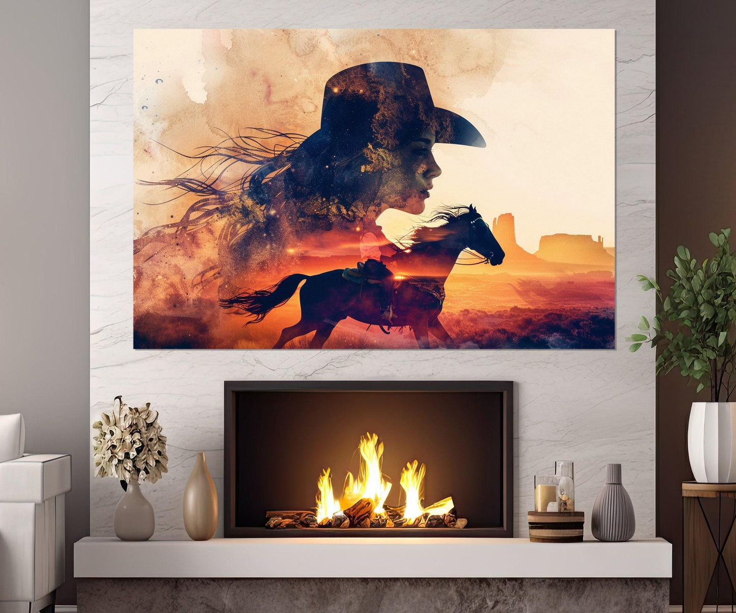Cowgirl Horse Canvas Print - Abstract Western Wall Art | Framed Ready to Hang