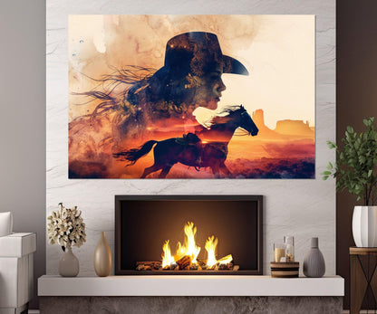 Cowgirl Horse Canvas Print - Abstract Western Wall Art | Framed Ready to Hang