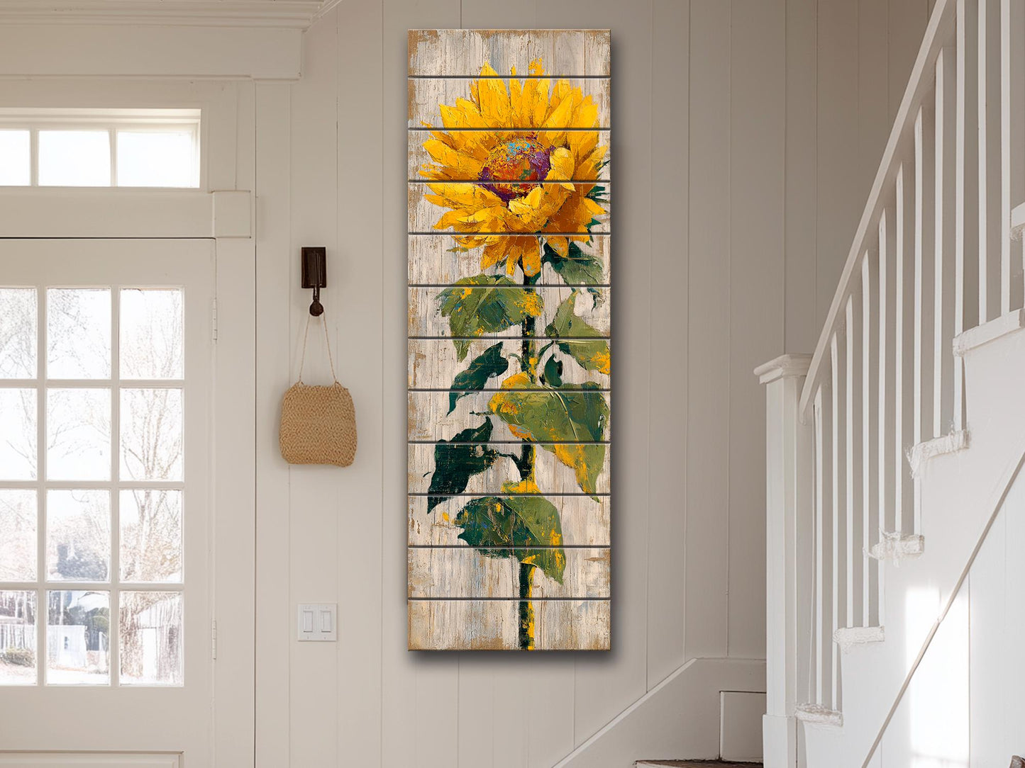Rustic Sunflower Wall Art – Handcrafted Wood Wall Decor with Vertical Planks