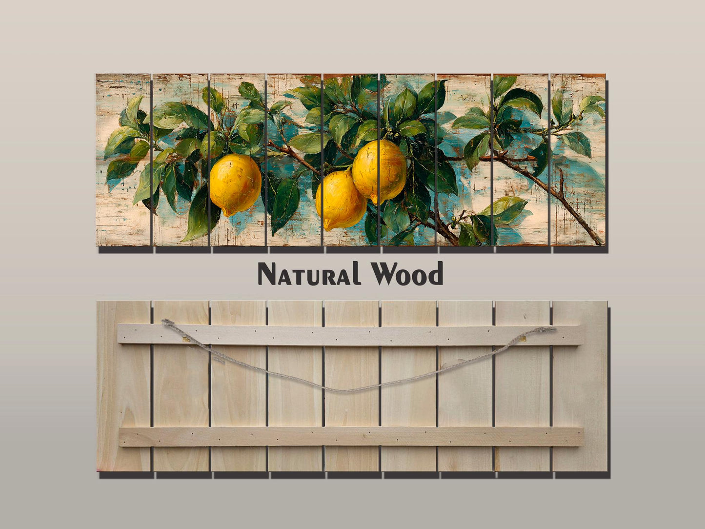 Wood Wall Art – Mediterranean Lemon Tree Painting Printed on Natural Wood, Rustic Lemon Tree Print, Cabin Wall Decor, Kitchen Wall Art