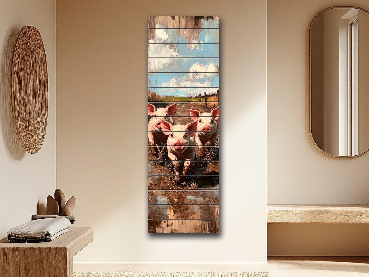 Wood Wall Art – Piglet Painting Print on Wood – Playful Farm Animal Wall Decor – Rustic Wood Print for Country Homes