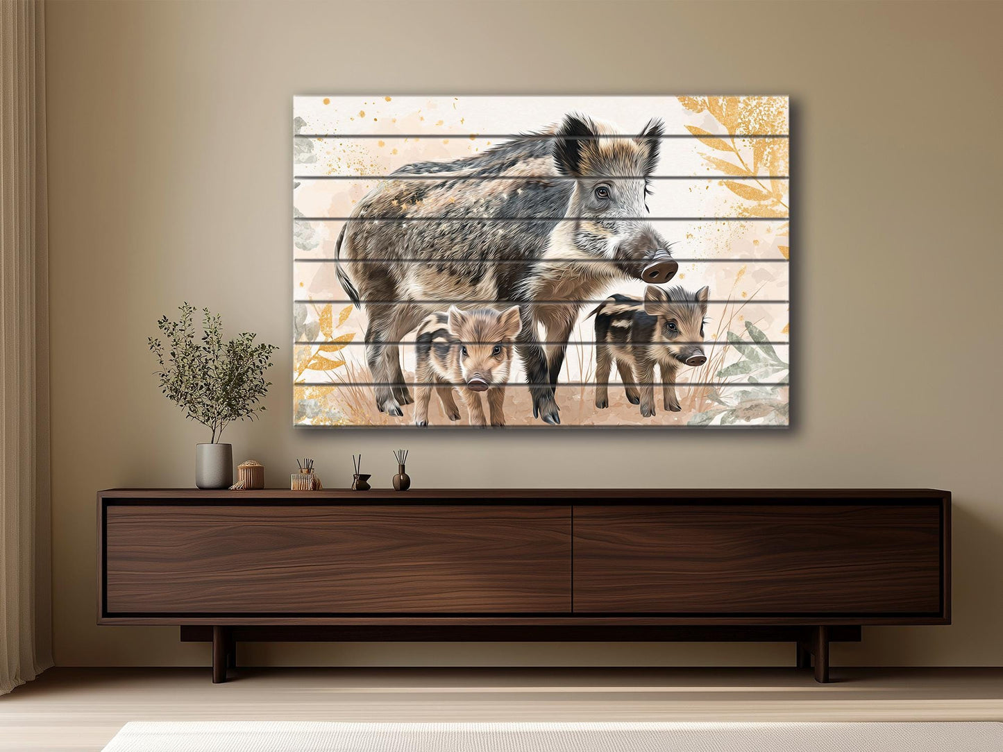 Cute Wild Boar Family Kids Print on Wood – Animal  Wall Art