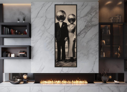 Vintage Disco Ball Canvas – Black and White Surreal Wall Art | Framed Ready to Hang