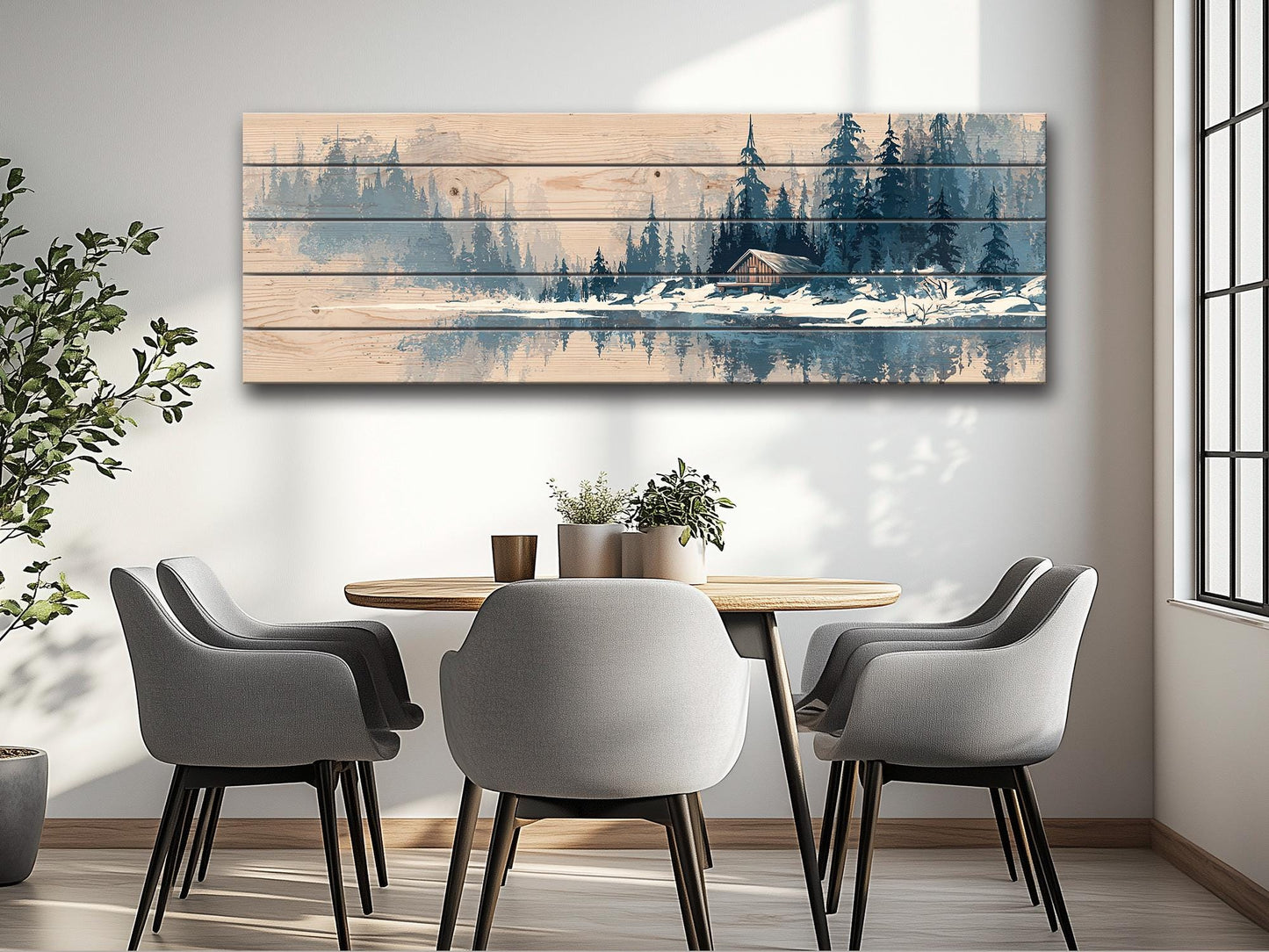 Wood Wall Art – Peaceful Snowy Landscape with Rustic Barn Print on Natural Wood