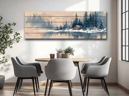 Wood Wall Art – Peaceful Snowy Landscape with Rustic Barn Print on Natural Wood
