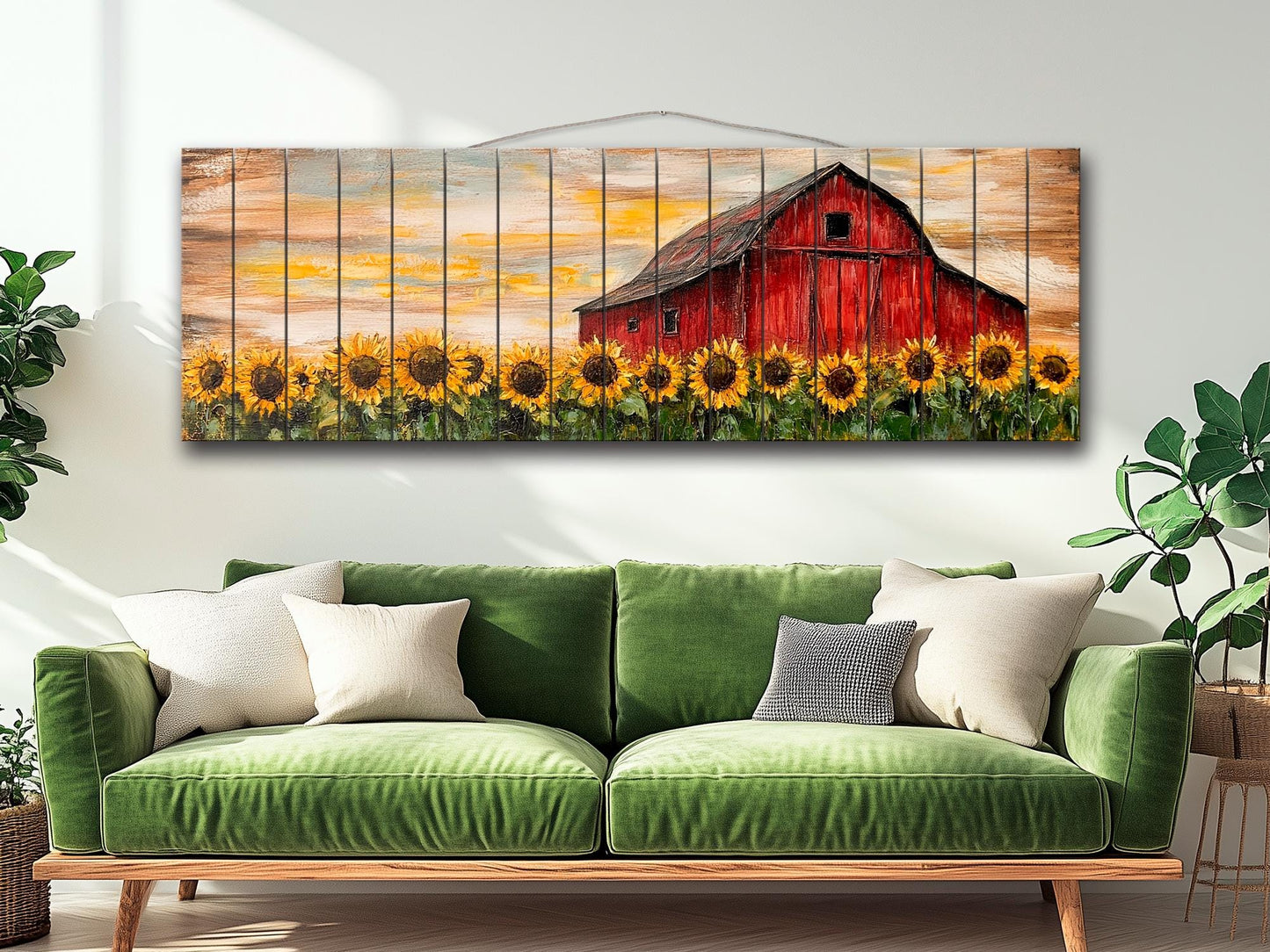 Rustic Wood Print – Sunflowers Field Art with Old Barn on Natural Wood Planks