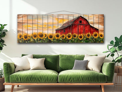 Rustic Wood Print – Sunflowers Field Art with Old Barn on Natural Wood Planks