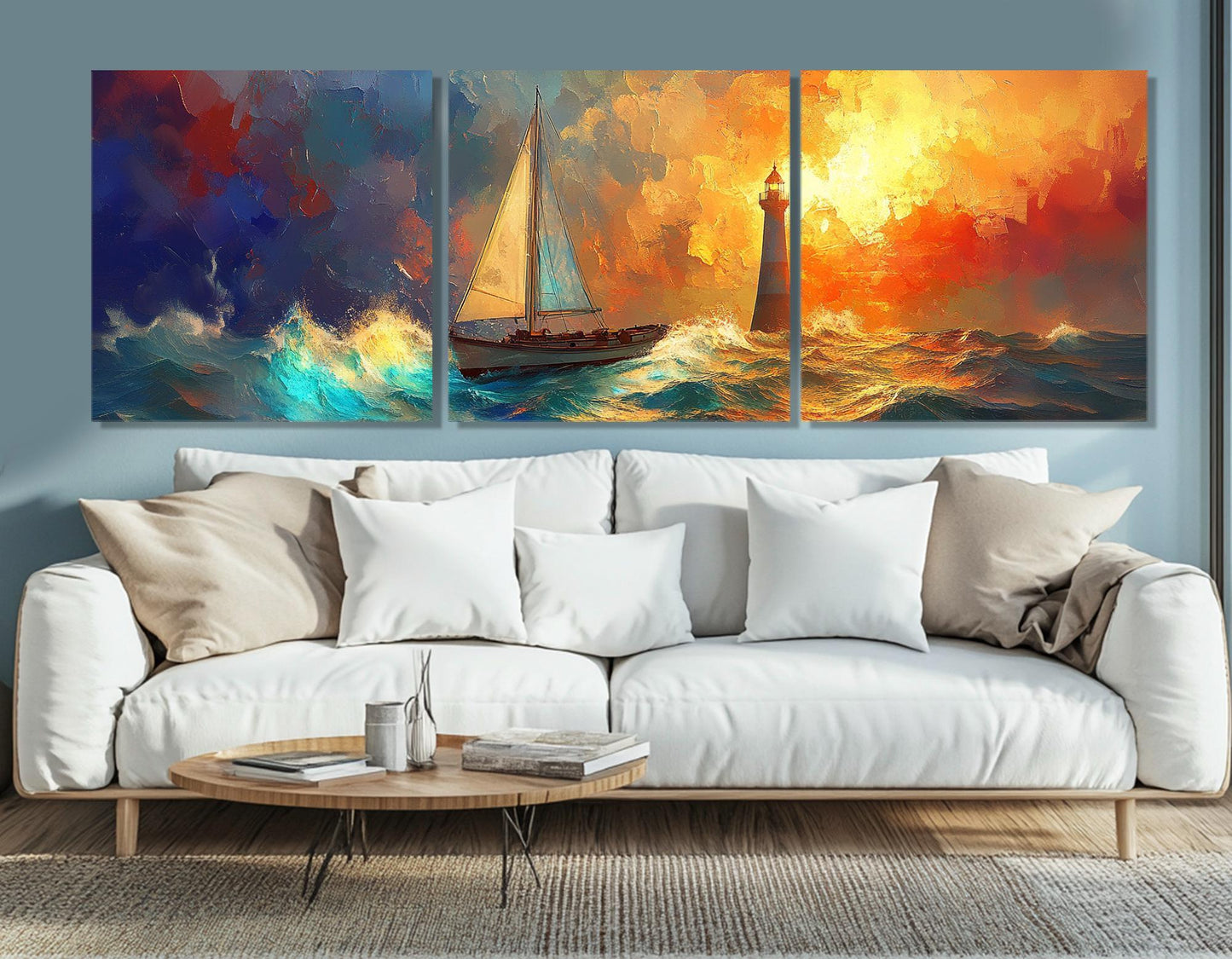Sailboat Lighthouse Painting – Framed Canvas Print | Nautical Wall Art Storm Canvas