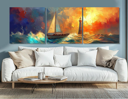 Sailboat Lighthouse Painting – Framed Canvas Print | Nautical Wall Art Storm Canvas