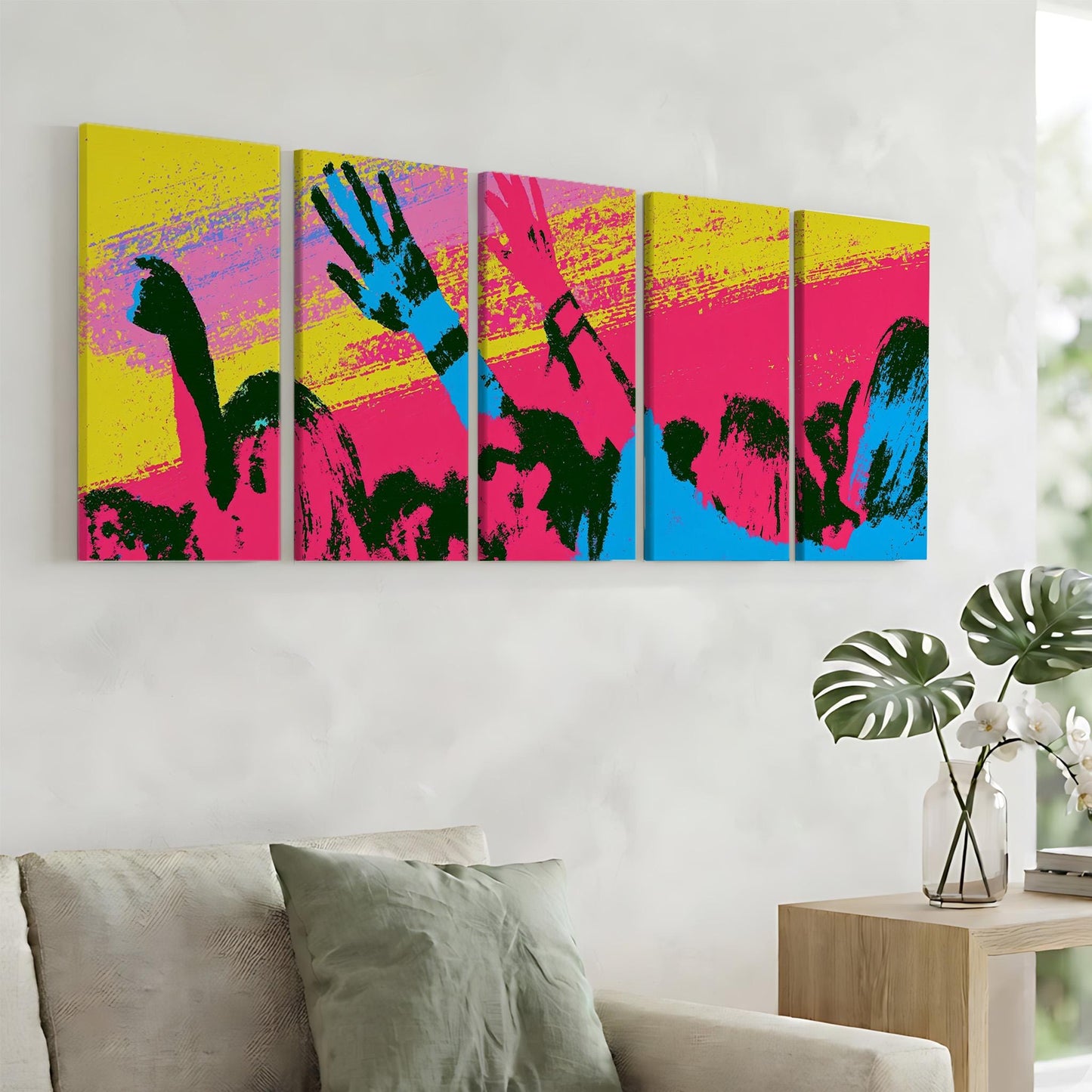 a vibrant, abstract art piece with bold colors and dynamic brushstrokes, displayed on a wall above a couch in a living room setting.