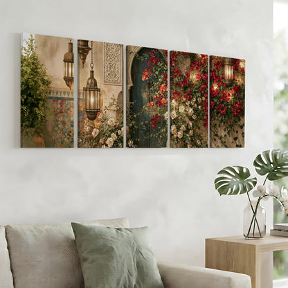 a living room with a large, colorful painting of a garden hanging on the wall. The painting depicts a lush garden with red flowers, green plants, and hanging lanterns. The painting is divided into five panels, each showcasing different elements of the garden scene. The painting is displayed on a white wall above a couch, creating a harmonious and visually appealing interior design.