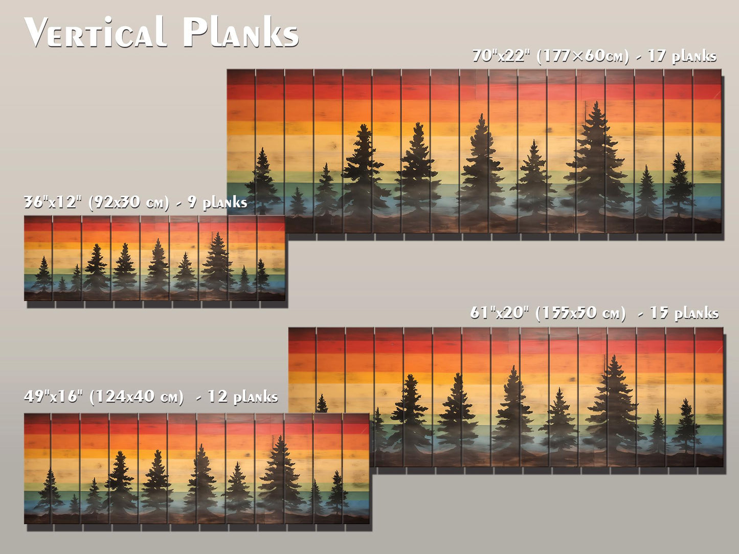 Wooden Forest Wall Art – Colorful Sunset Pine Tree Print on Natural Wood Planks